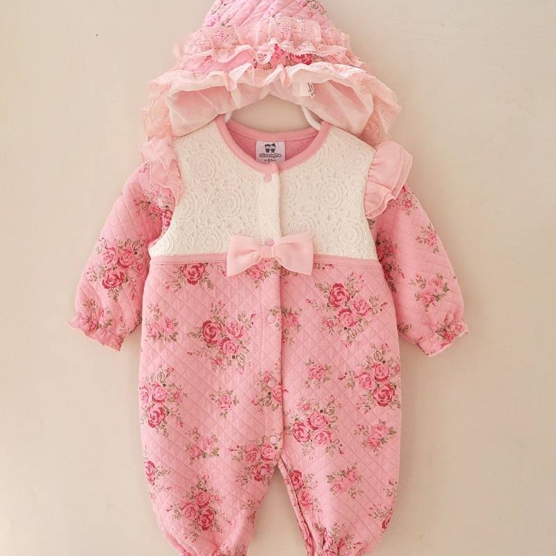 新款春秋款碎花婴儿服满月服秋冬微厚百天服女宝宝哈衣连体衣
