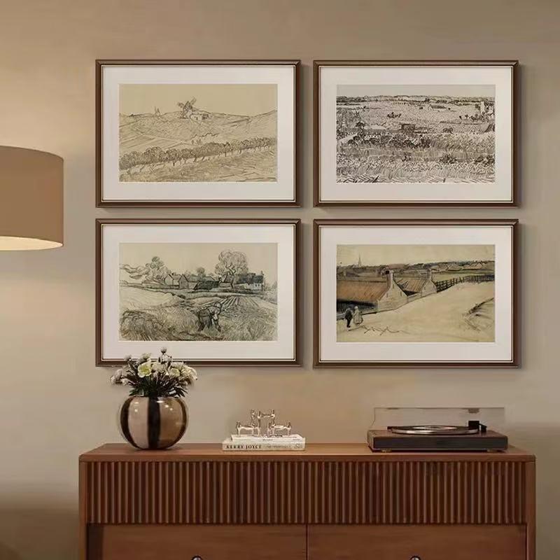 素描梵高丰收美式复古客厅餐厅装饰画法式小众艺术中古风玄关挂画