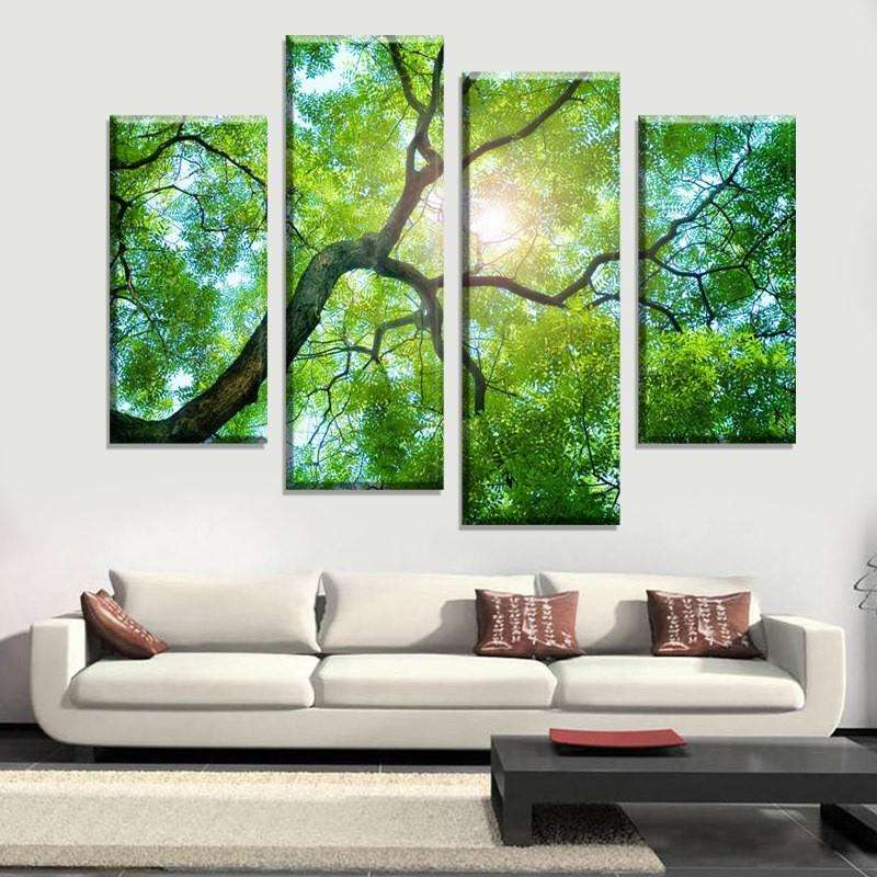 现代简约客厅装饰画喷绘油画四联绿树景观欧式餐厅跨境货源