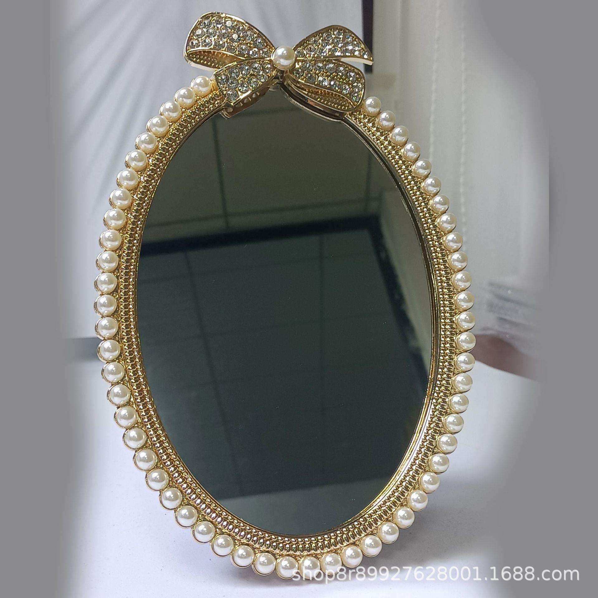 新款时尚镶嵌珍珠化妆镜，梳妆镜田园金属台式梳妆镜复古双面梳妆