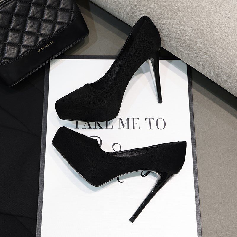 2024春季新款j欧美尖头12CM黑色超高跟鞋女细跟绒面防水台宴会单