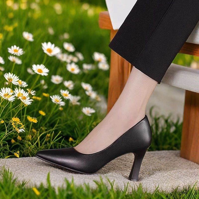 职业高跟女粗跟不累脚面试u空乘单鞋礼仪正装通勤黑色尖头工作皮