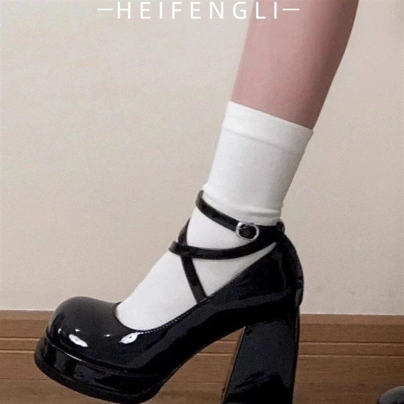 黑色玛丽珍高跟鞋女春夏法式粗跟女鞋子I新款圆头高跟单鞋交叉绑