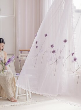 新款韩式紫色玫瑰绣花纱s帘双层纱透光不透人窗纱卧室客厅飘窗帘