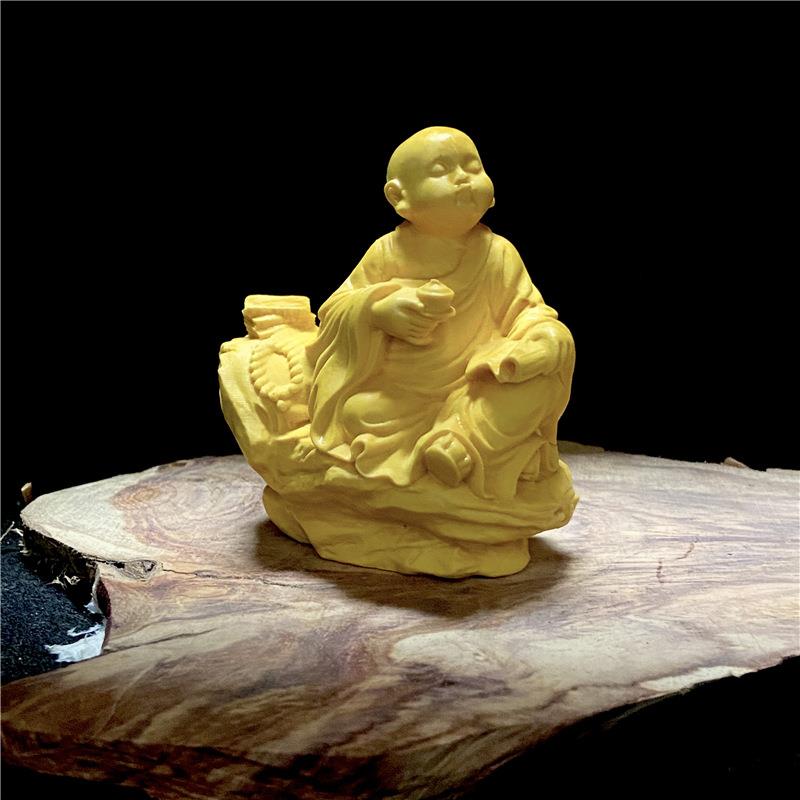 黄杨木雕家居禅意茶宠小和尚可爱沙弥坐佛玄关汽车小摆件工艺品