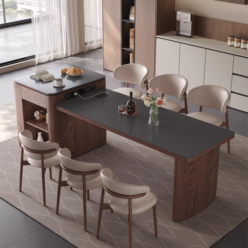 新中式岩板岛台餐桌一体中古风简约实木多功能可伸缩家用餐桌岛台