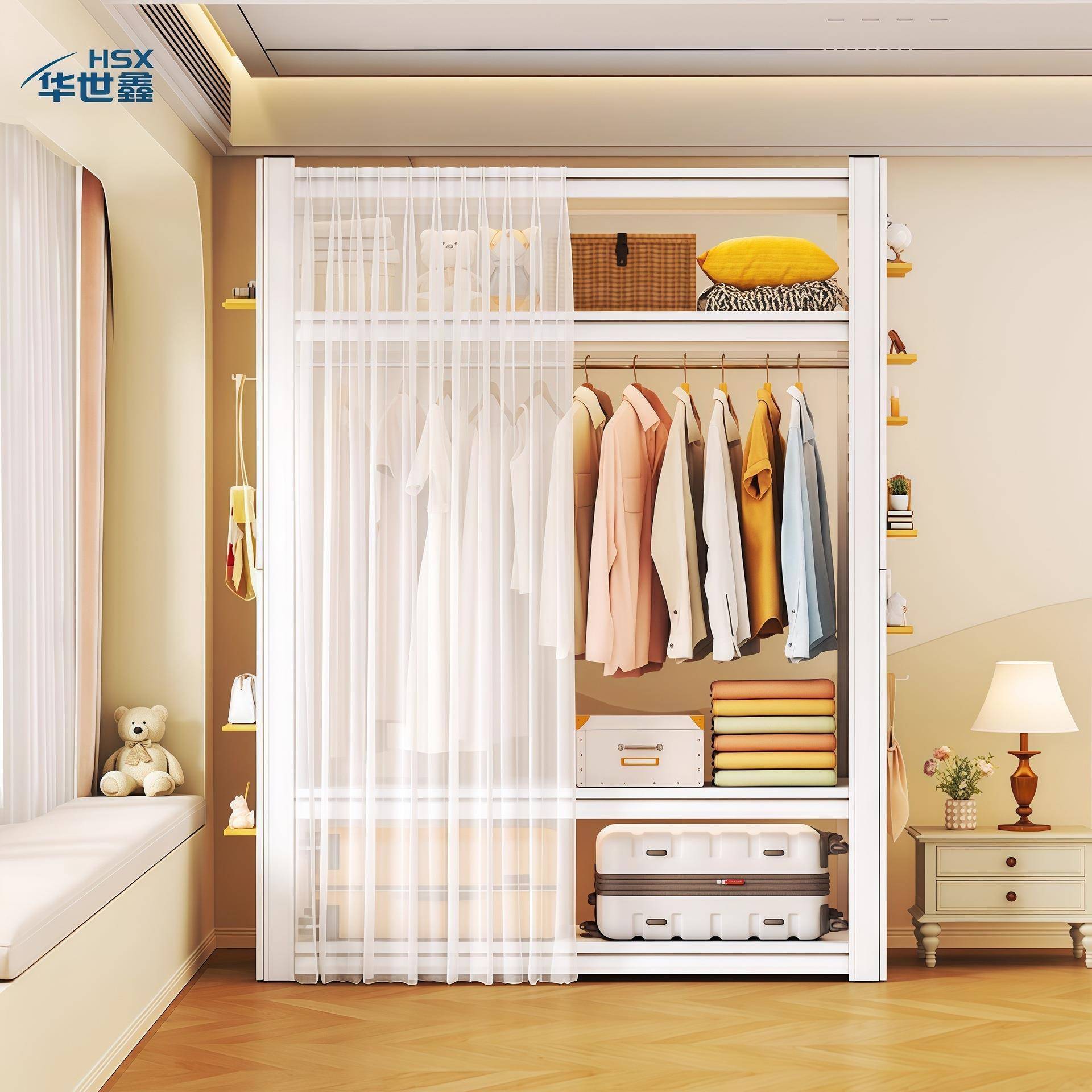 出租房衣柜家用简易开放式衣帽架置物架小户型出租屋卧室金属衣架