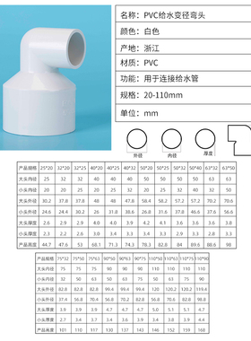 PVC异径弯头给水管大小弯头20 25 32 40 50 63 75 90 11090度变径