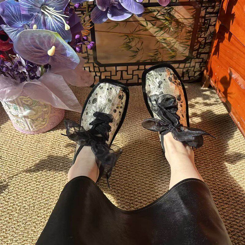 (月白a芭蕾鞋)重工工艺纯手工千层底女士布鞋方头时尚芭蕾鞋