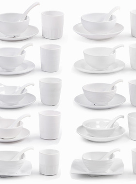 10套装白色密胺仿瓷摆台四件套餐具商用餐厅火锅专用碗勺碟杯套装