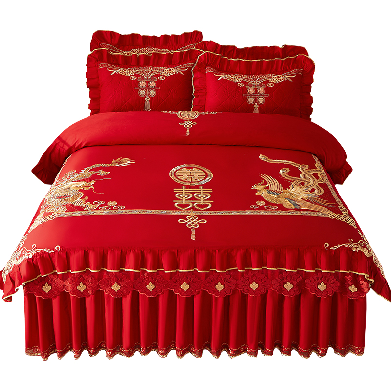 结婚大红色全棉四件套牀裙中式加厚牀罩喜庆龙凤被套婚庆牀组