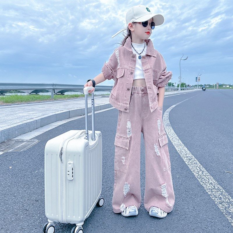 女大童春秋装牛仔套装2024新款儿童洋气炸街韩版工装阔腿裤两件套