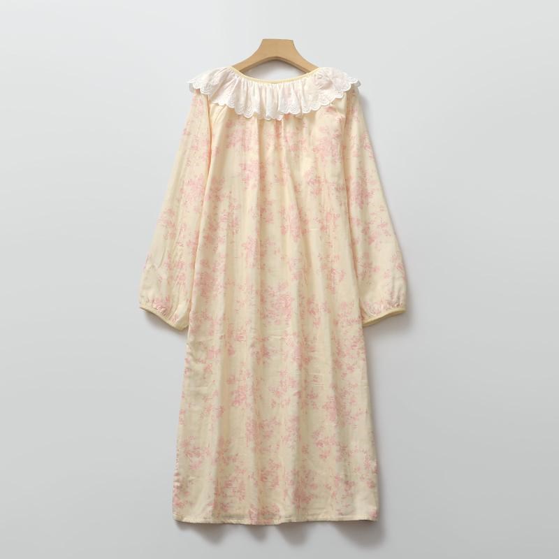 宫廷风大蕾丝长袖睡裙女生纯棉纱薄春夏家居睡眠服可外穿甜美印花
