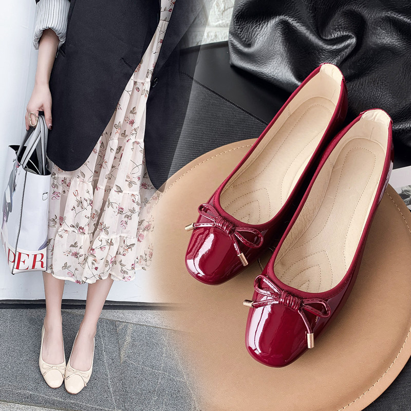 方头内增高软底船鞋女34小w码酒红色中跟蛋卷单鞋蝴蝶结坡跟豆豆