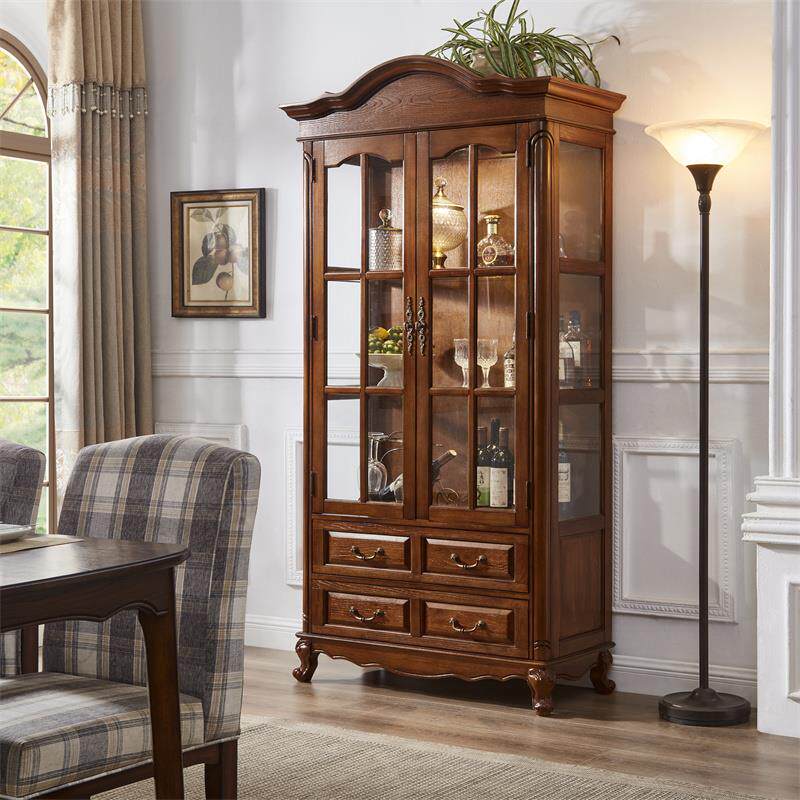 全实木大双门玻璃柜展示柜客厅储物柜书柜酒柜高柜子收纳柜靠墙灯