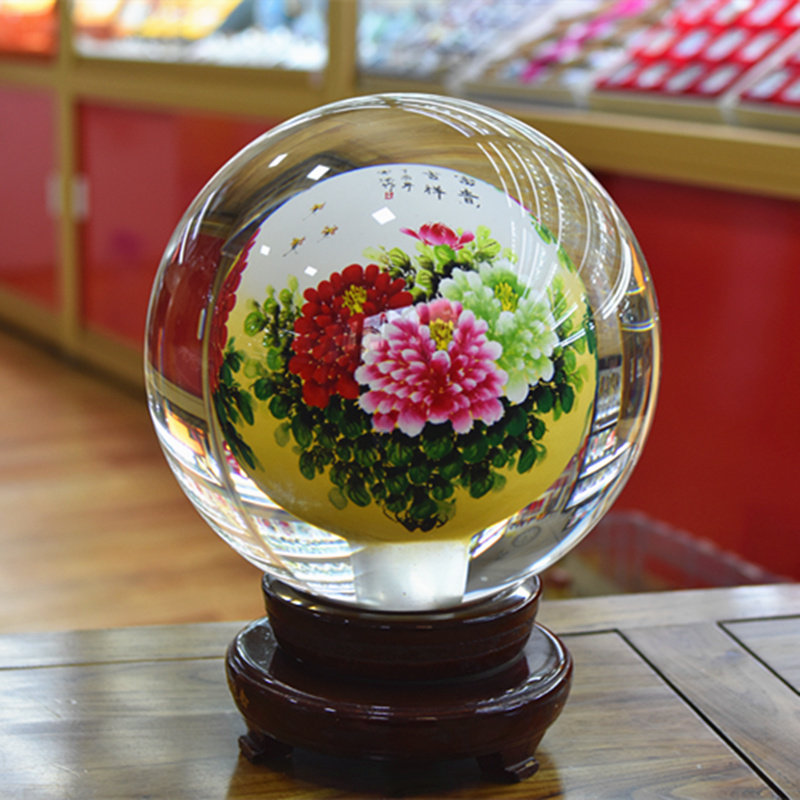 富贵牡丹c内画水晶球玻璃工艺品送商务礼品结婚礼物琉璃装饰品摆