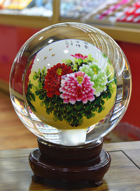 富贵牡丹c内画水晶球玻璃工艺品送商务礼品结婚礼物琉璃装饰品摆