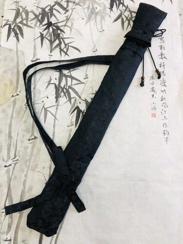 黑色织锦缎玄语龙云二支装洞袋/尺八袋/南箫袋./有背带款