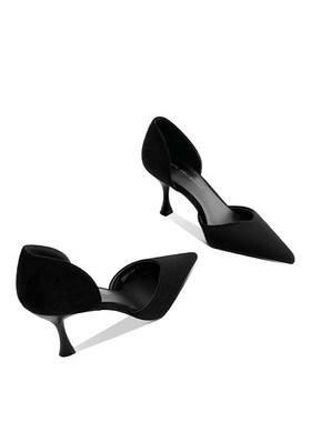 女人好闺蜜黑色高跟鞋尖头中空单鞋女夏细跟猫跟浅口中跟5cm7cm