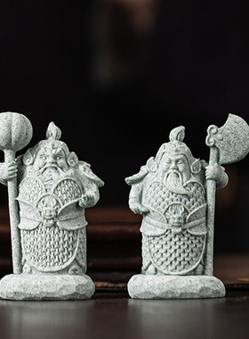 青砂石国潮风护宅门神哼哈二将桌A面摆件办公室客厅鱼缸造景装饰