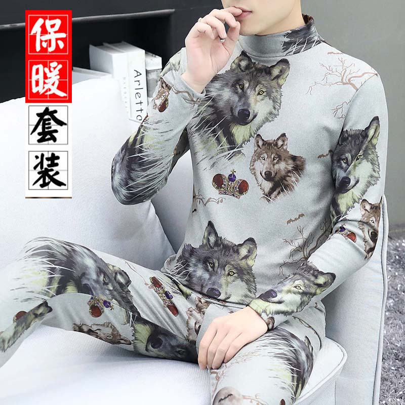 男士无痕发热衣秋冬季青年德绒中领打底衫J加厚大尺码秋衣卫生裤