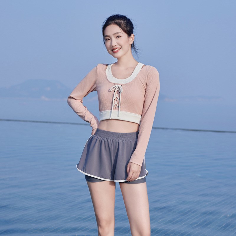 2025新款分体泳衣女保守显瘦长袖学生甜美小清新两件套运动游泳装