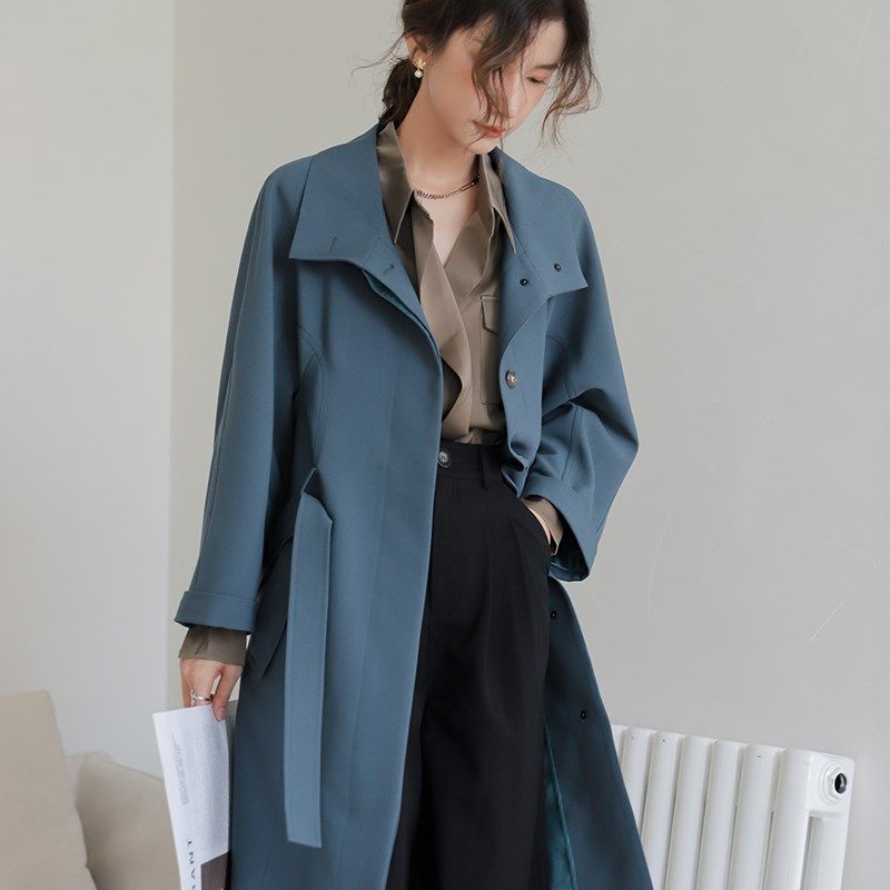 两用领中长款风衣女2025新款垂感E秋季高级流行收腰斗篷大衣军绿