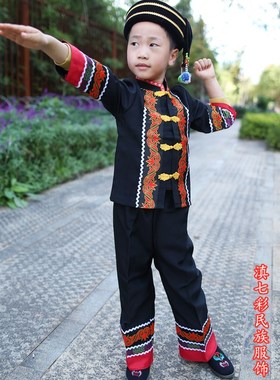 小黑彝族长袖男童套装 简约民族服装黑色长衣长裤 民族服饰生活装