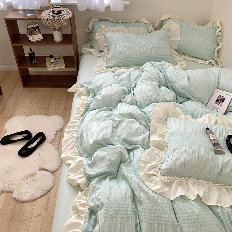 韩式公主风荷叶边四件套纯色ins风少女心床单被套三件套床上用品4