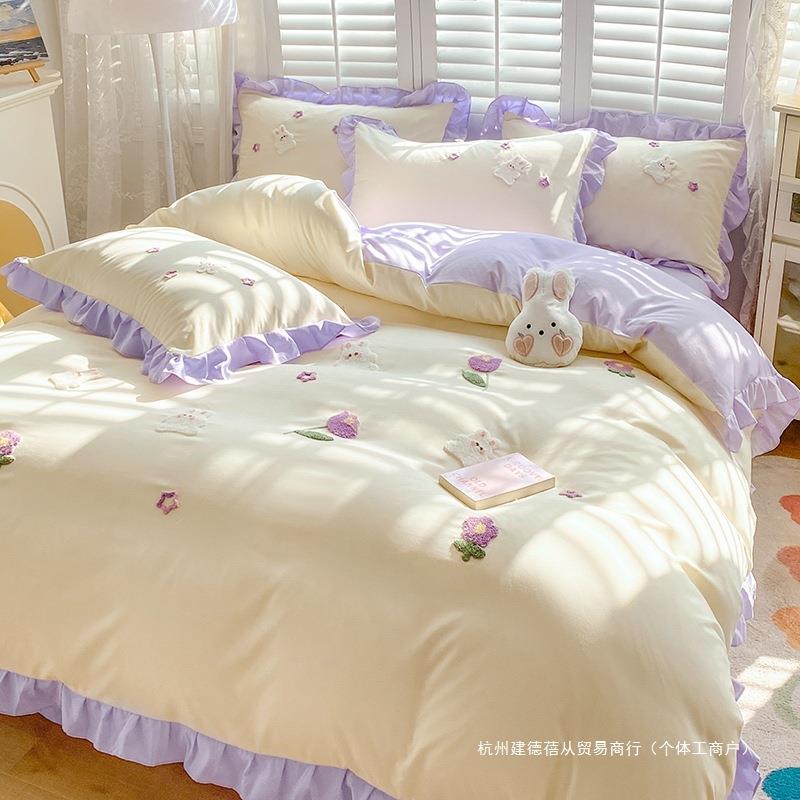 韩式花边公主风少女床上四件套床单被套宿舍三件套纯棉全棉床笠款