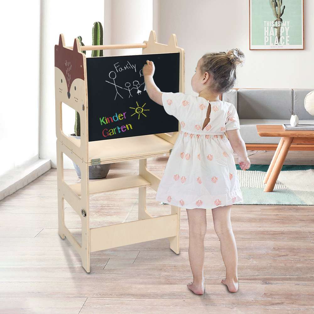 3合一儿童折叠洗手凳厨房帮手脚踩凳木制学习塔带黑板儿童凳