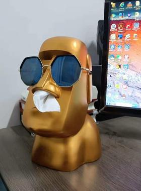 金色鼻子纸巾抽纸巾盒桌面摆件抽纸树脂工艺品装饰呆萌moai石像礼