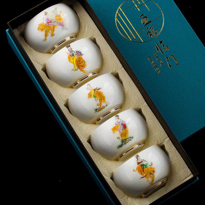 五虎临门吉祥套组茶杯羊脂玉白瓷主人杯虎年功夫单杯茶盏猛虎茶杯
