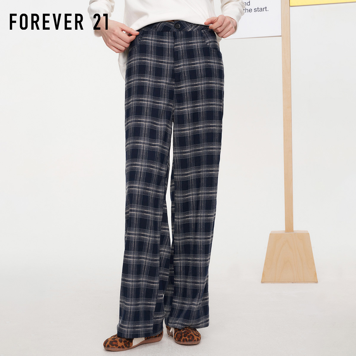 Forever21复古格纹抽绳阔腿裤