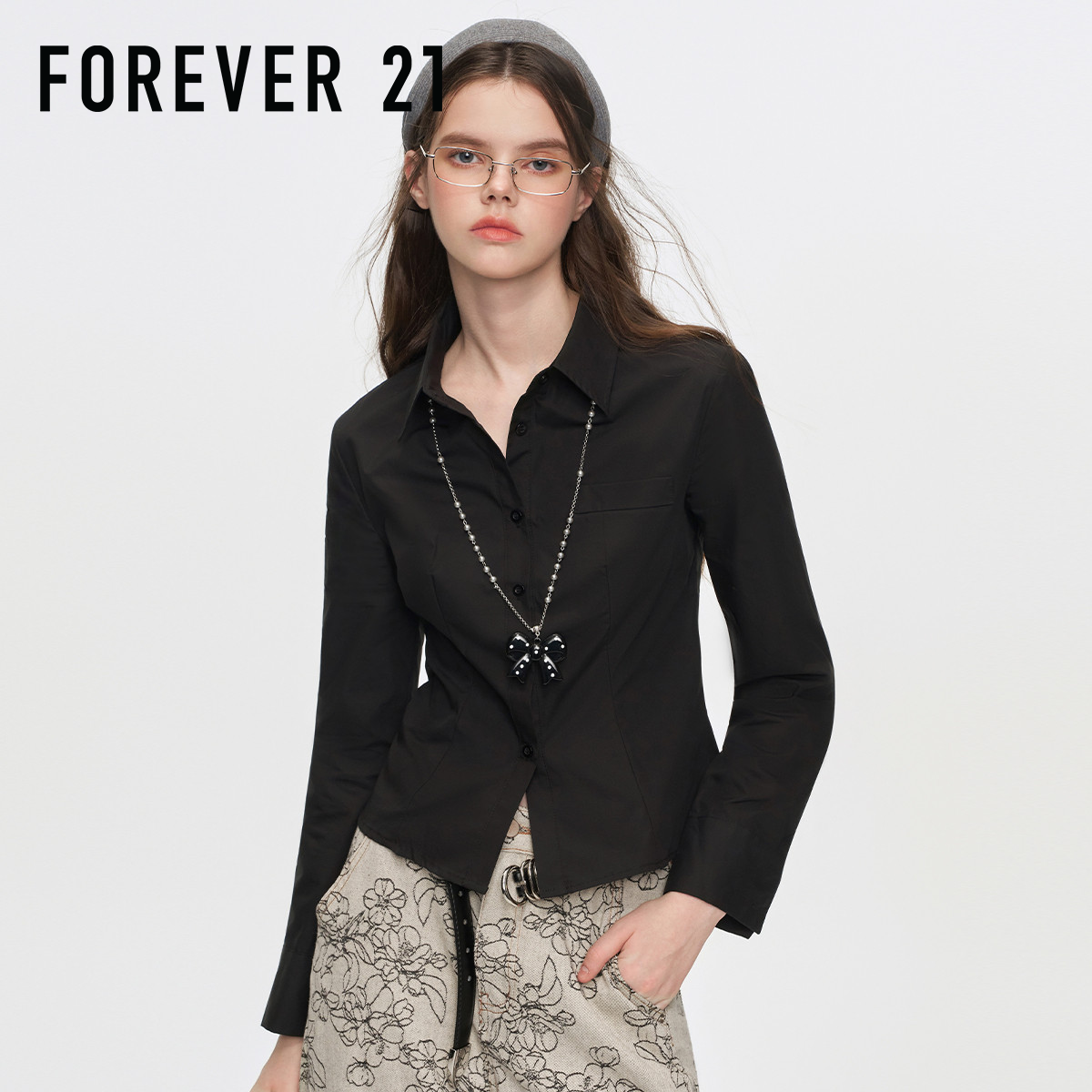 Forever21设计感收腰衬衫女