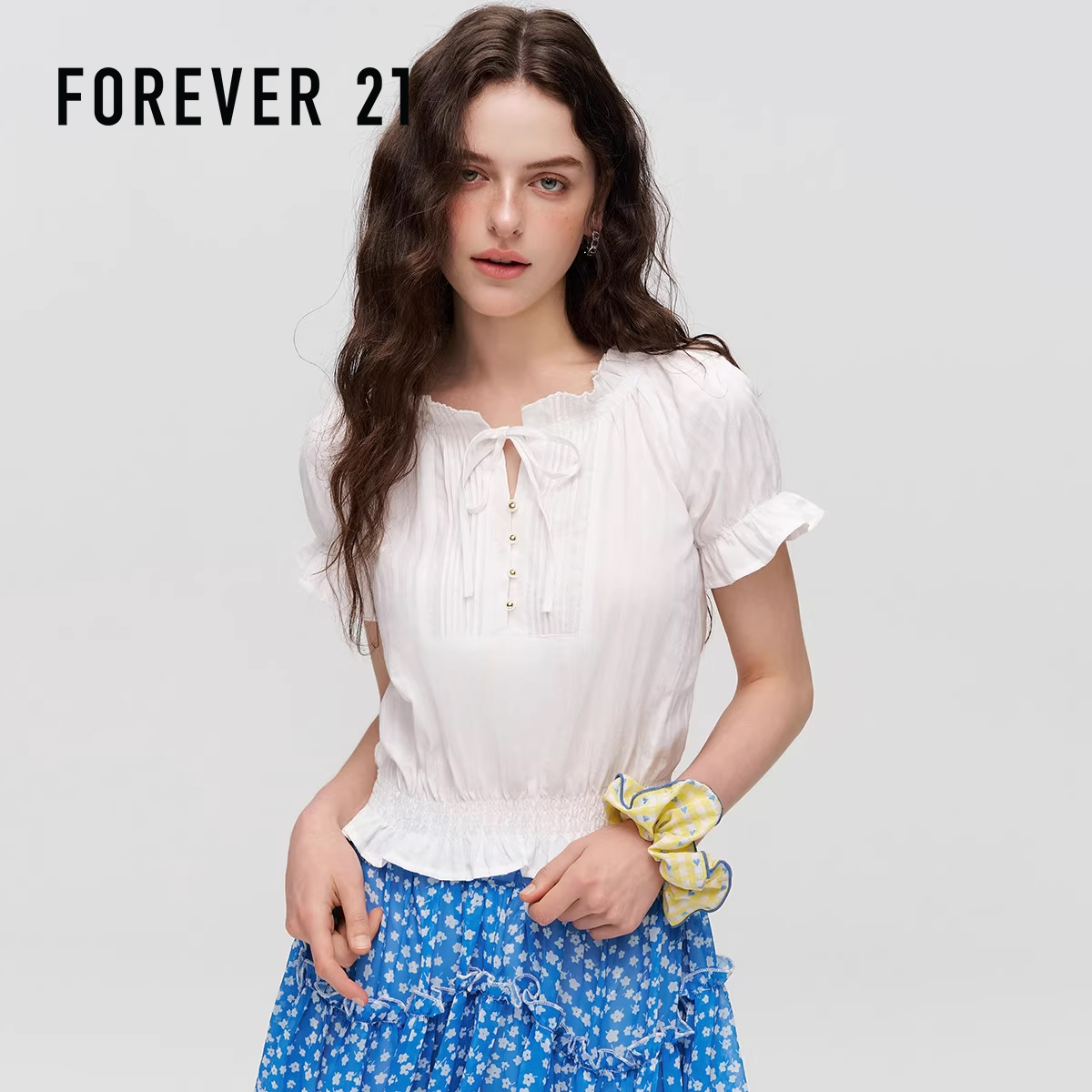 法式提花系带木耳边短袖衬衫