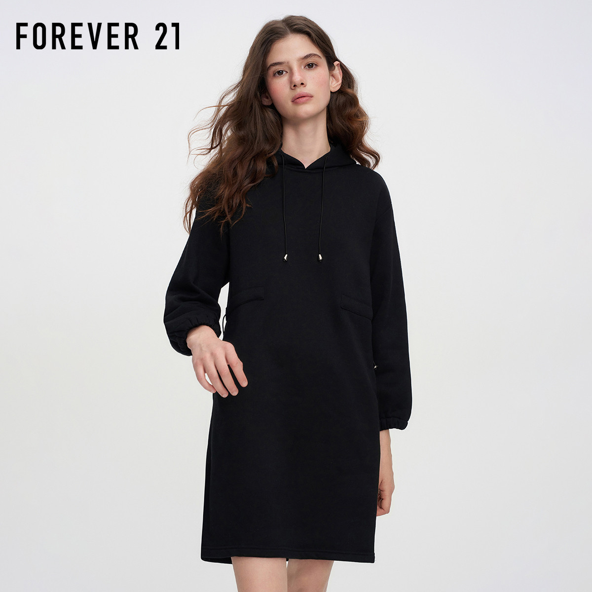 FOREVER21黑色连帽卫衣裙