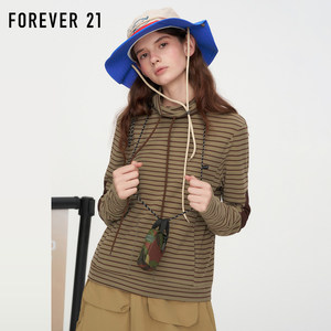 FOREVER 21/永远21拼接毛边连帽撞色条纹长袖t恤女宽松内搭打底衫