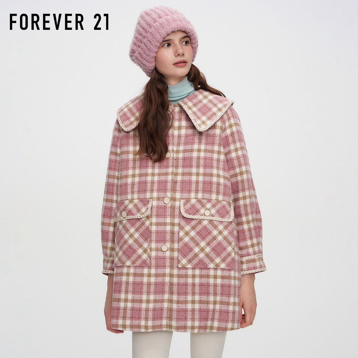 FOREVER21小香风粉色毛呢大衣