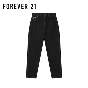 修身 FOREVER 女黑色高腰显瘦小脚长裤 永远21复古直筒牛仔裤
