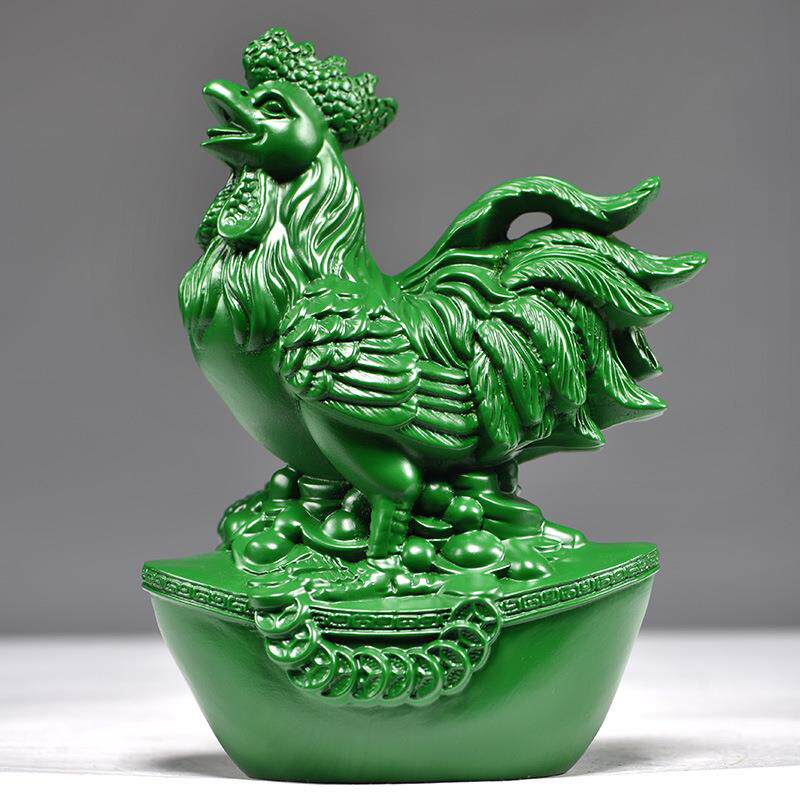 绿色木鸡摆件实木雕刻木质大公鸡生肖动物办公室装饰品工艺品摆设