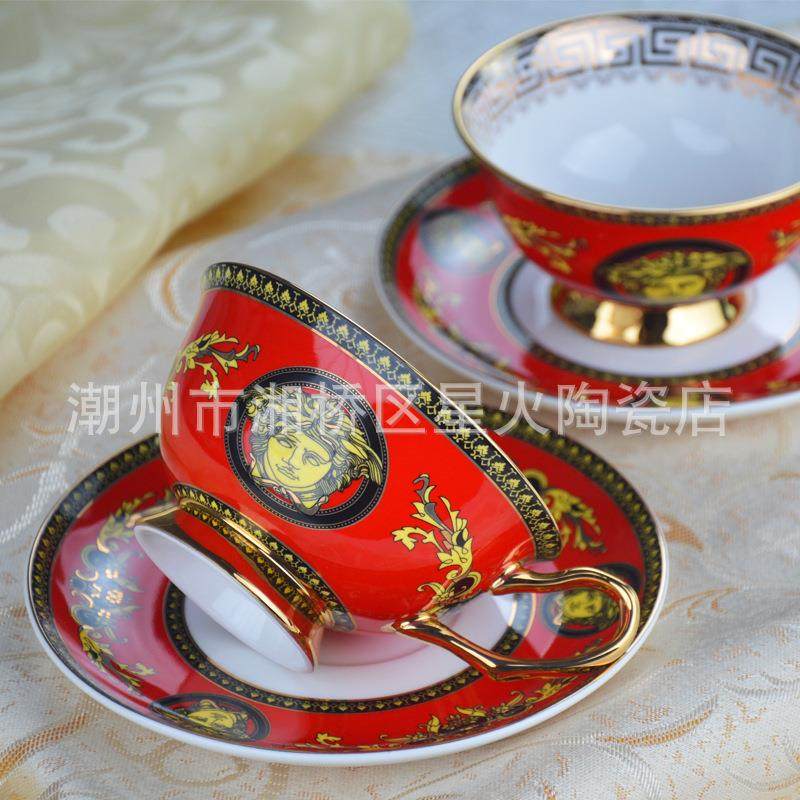 轻奢骨瓷咖啡杯碟套装奢华陶瓷金边红色茶杯碟200ml