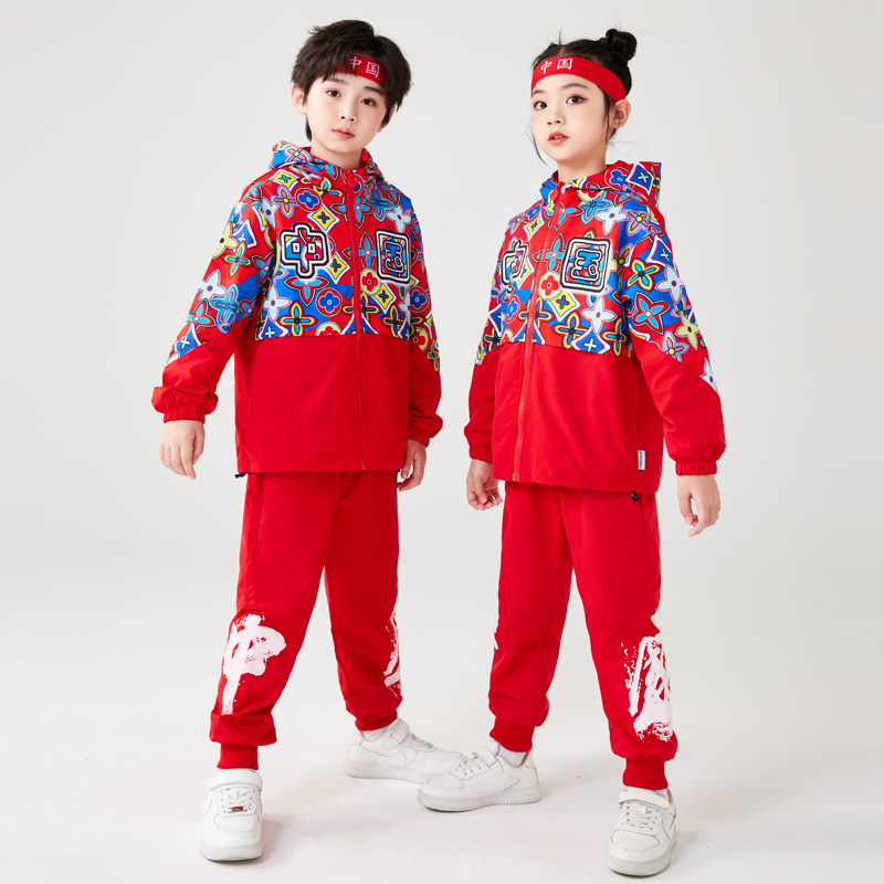小学生校服春秋冬运动会表演班服儿童啦啦队红色中国风幼儿园园服