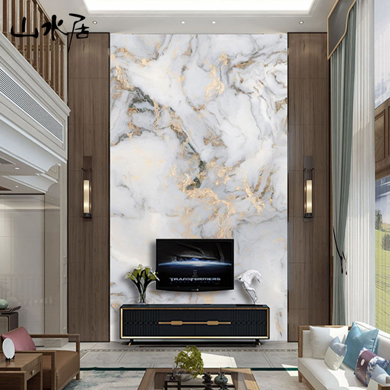 复式楼别墅挑高客厅跃层电视背景墙壁纸壁画仿大理石烤瓷墙纸墙布,家装主材,无纺布墙纸,淘宝优惠券,粉丝福利购,淘宝优惠卷