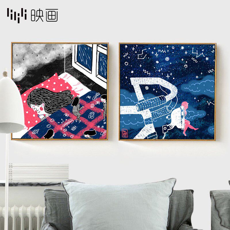 卡通壁画背景画儿童房挂画女孩床头挂画卧室墙面装饰画温馨小清新
