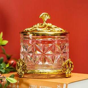美式水晶玻璃糖果罐欧式全铜带盖储物罐客M厅餐桌茶几装饰品摆件