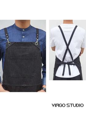 黑色灰色牛仔工作围裙咖啡师背带裙花艺园艺餐厅发型师工作服lo
