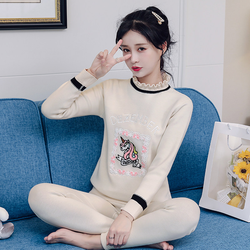 秋冬青年少女大童纯棉加厚加绒保暖内衣套装高中学生Y可外穿棉毛