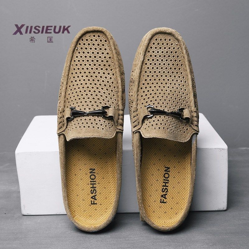 卡其色个性无后跟豆豆鞋男夏半托懒人透气镂空一脚蹬半拖痘痘皮鞋,流行男鞋,乐福鞋（豆豆鞋）,淘宝优惠券,粉丝福利购,淘宝优惠卷
