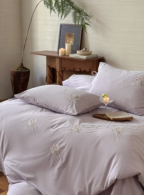 少女心100es磨毛刺绣系带栀子花信紫色床上四件套1.5m1.8床单被套